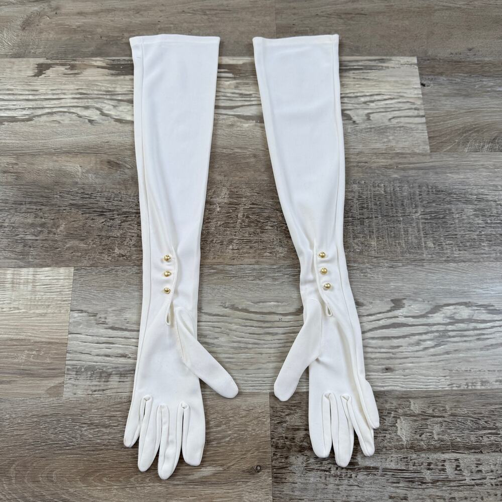 Vintage 60s White Opera Gloves Pearl Button Long Bridal Wedding Formal Coquette